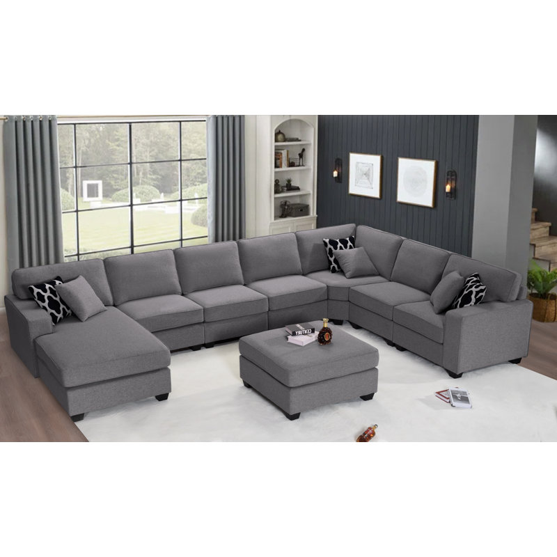 165.7" Wide Reversible Modular Sectional with Ottoman, Dark Gray Polyester Blend