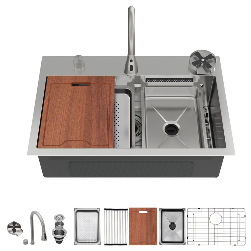 Évier de cuisine 31,5 po à cascade encastrée 31,5 po x 21 po à cuve simple en acier inoxydable de calibre 16 avec robinet rétractable et laveuse de tasses