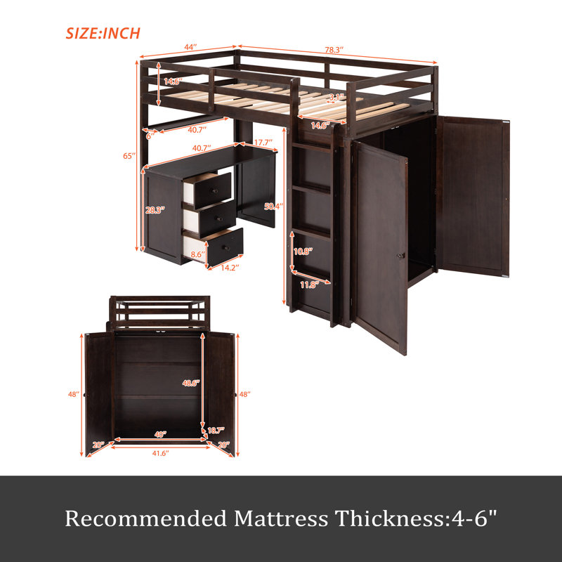 Lit mezzanine avec tiroirs, bureau et garde-robe, Lit simple, Espresso
