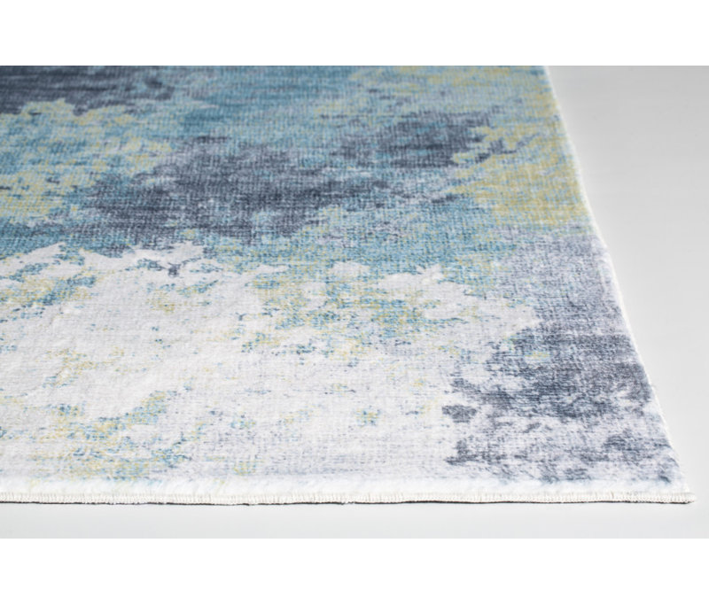 Tapis abstrait bleu et ivoire 8 pi x 10 pi Dhurrie