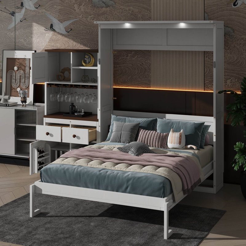 Grand lit escamotable avec unité de rangement, support à vin, porte-verre, tiroirs et éclairage à DEL, Blanc