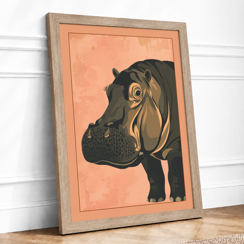 Hippopotamus Profile Modern - Framed Print, A2 - 59.4 x 42.0 cm, Oak