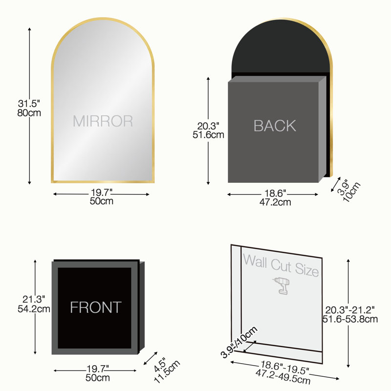 Miroir arqué pour armoire à pharmacie avec miroir de salle de bain sans assemblage, 31.5" H x 19.7" W x 4.5" D, Gold
