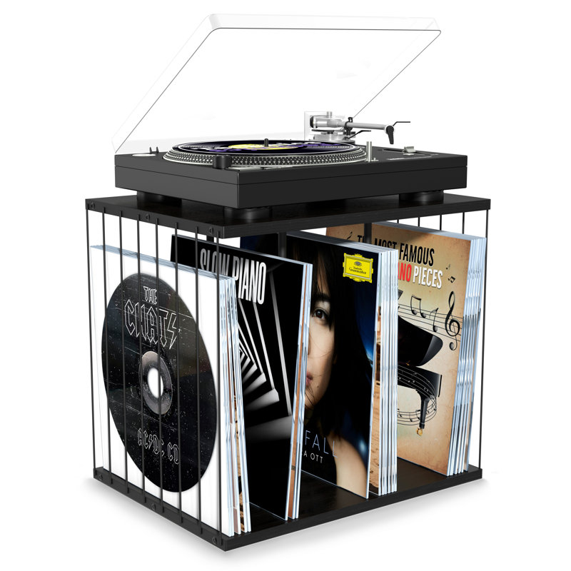 Support pour disque vinyle jusqu'à 80 albums, support pour tourne-disque à 3 compartiments pour magazines, livres noirs, Noir