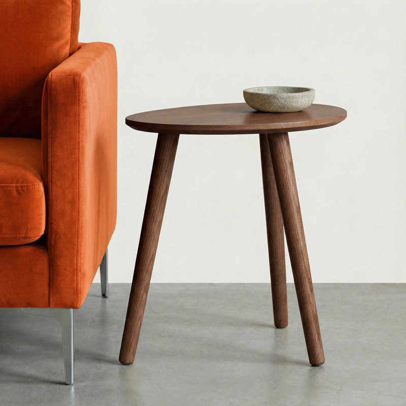 19"W Solid Oak Mid-Century Modern Oval Side Table, Brown Oak, 17.7" H x 19.68" W x 19.68" D