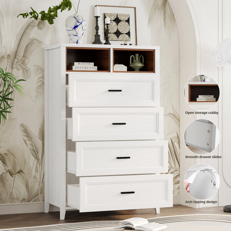 Commode 4 grands tiroirs avec 2 casiers ouverts couleur noyer, White