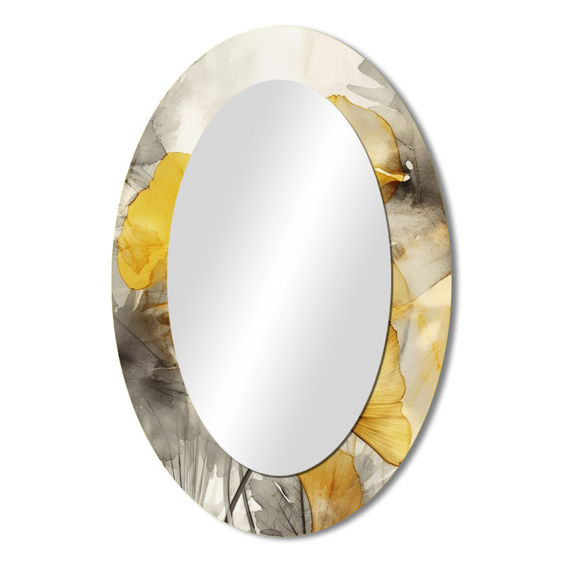 Palm Tropical Ginkgo Artwork III - Large Oval Wall Mirror On Metal, 36" x 24"