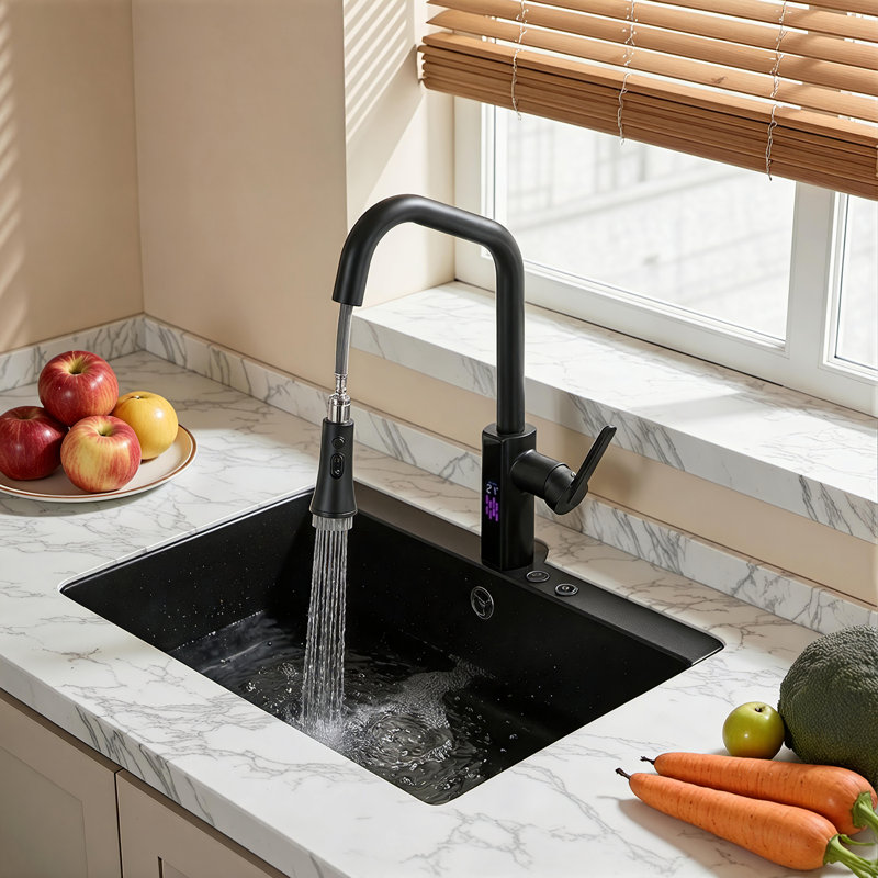 Pull-Down Kitchen Faucet With Built-In Cleaning Brush, LED Temperature Display, 3 Spray Modes, Matte Black
