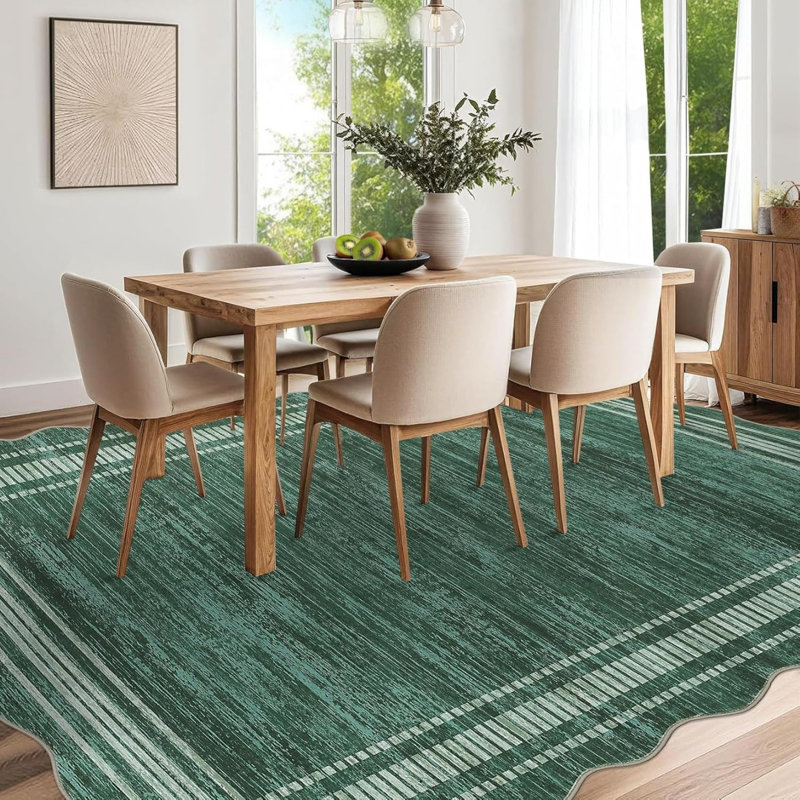 9x12 Geometric Scalloped Non Slip Green Area Rugs for Bedroom Farmhouse Modern Foldable Stain Resistant Soft Low Pile Carpet Soft Machine Washable Living Room Dining Room Farmhouse Decorative Rug