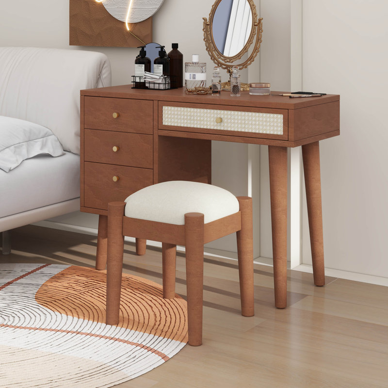 Ensemble coiffeuse en bois de style rétro avec prise de recharge, ports USB et tabouret rembourré, Noyer