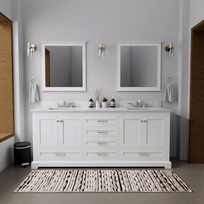 Meuble-lavabo à double cuve 80 po de largeur x 22 po de profondeur, comptoir en marbre de Carrare, Blanc