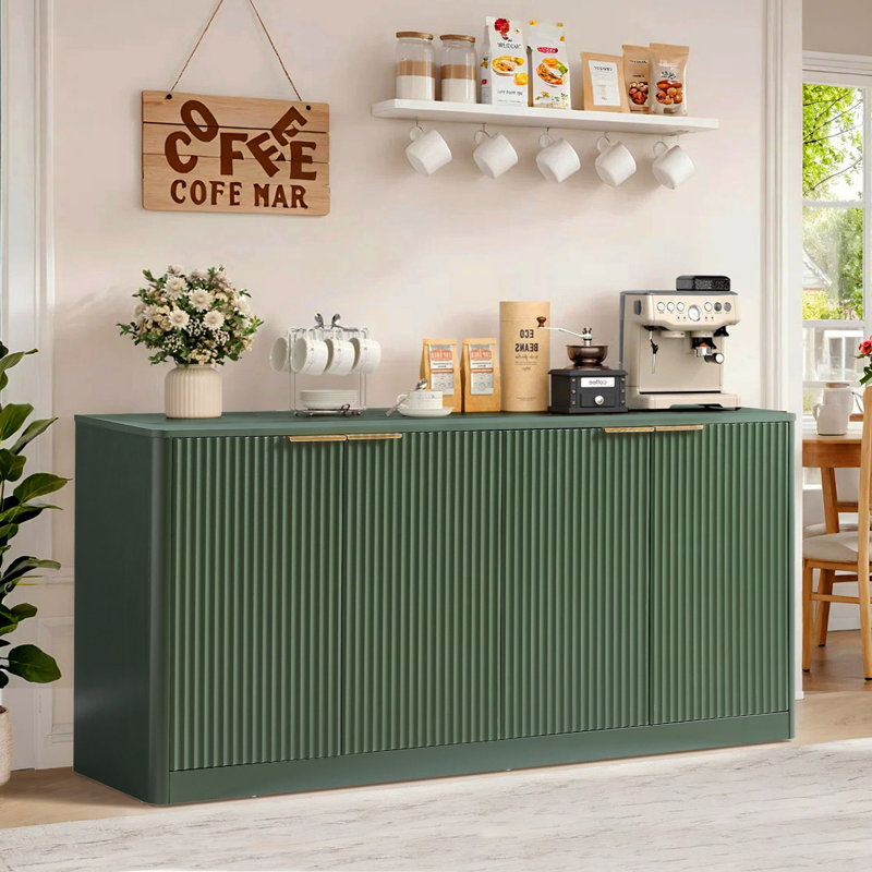 Modern Fluted Sideboard with Curved Edge, 6-Door Large Buffet Cabinet for Kitchen And Living Room, Green