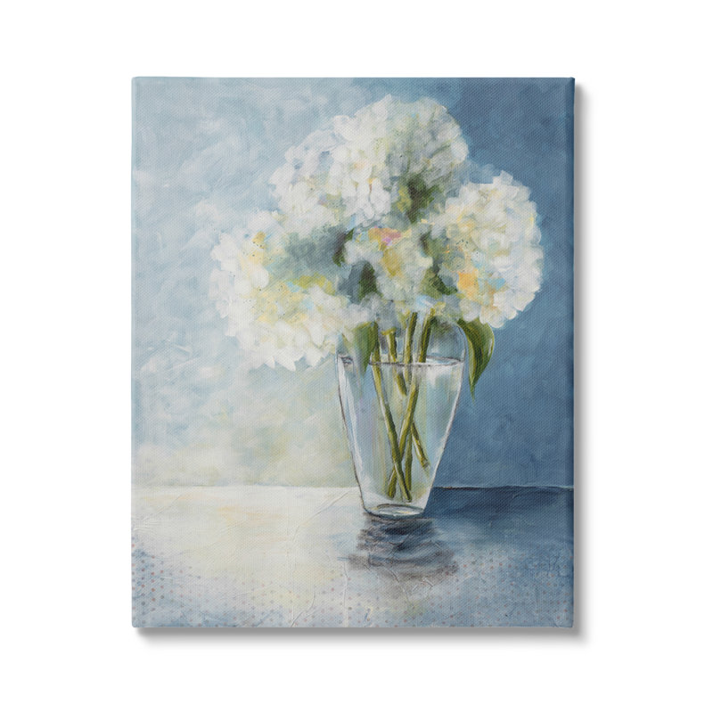 Illustration de vase de table en verre d'hortensias blancs par Doris Charest - Peinture, Toile tendue