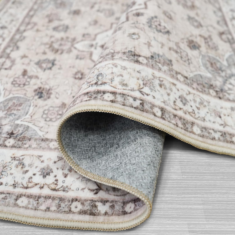 Roehit Beige / Cream Machine Washable Performance Area Rug with Non-slip Backing, Runner 2' x 5'