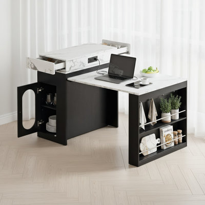 Kitchen And Dining Room Combination Furniture, Extendable Dining Table, Folding Bar Counter With Drawers And Sockets, Wheeled Hook Island, Black Marble Cabinet With White Trim.
