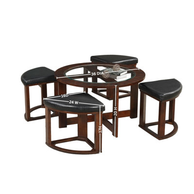 Cylina Solid Wood Glass Top Round Table Set, Coffee Table With 4 Stools