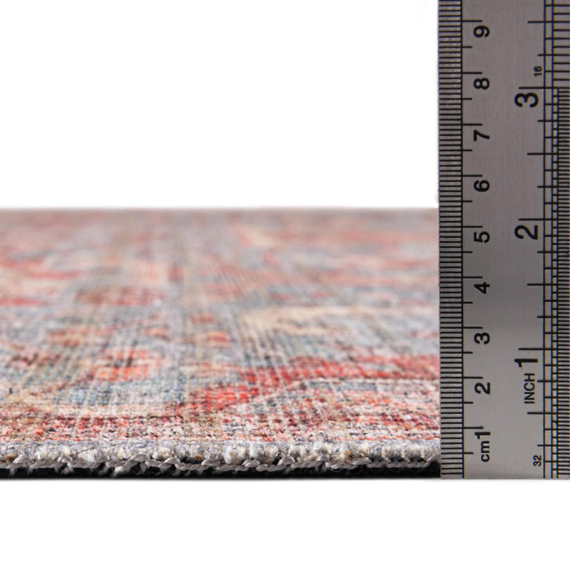 Square Antique Blue and Coral Floral Cotton Chenille Area Rug