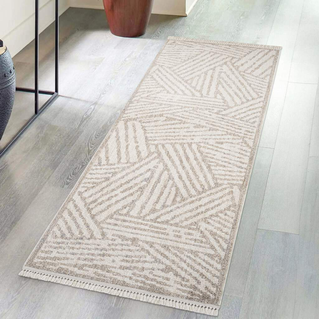 Teppich 9161 Kurzflor Geometrisch Beige mit Fransen für Wohnzimmer, Boho-Stil