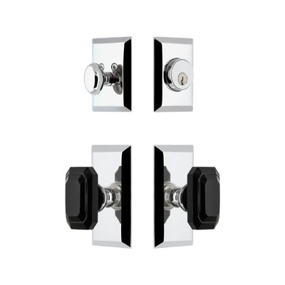 Fifth Avenue Short Plate Complete Entry Set with Single Cylinder Deadbolot and Baguette Black Crystal Knob