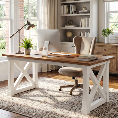 63" Solid Wood Computer Desk, Rustic Farmhouse Writing Table with X-Frame, Large Executive Desk for Home Office