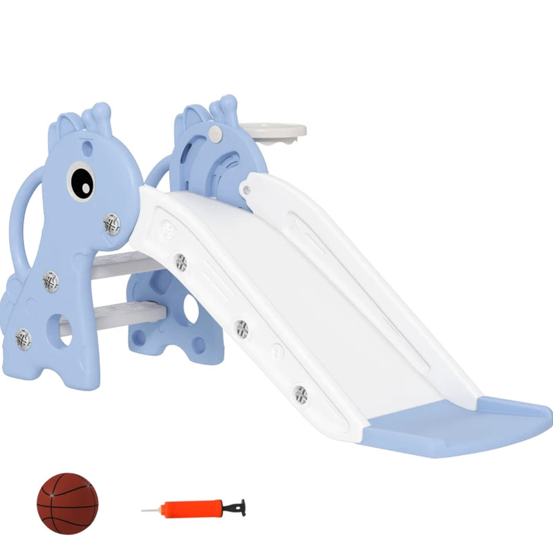 Glissade autoportante avec fonctions de jeu polyvalentes, en 3 étapes, en forme de girafe, anneau inclus et matériau en polypropylène, surface antidérapante, mains courantes latérales pour plus de stabilité, 1 an, couleur bleu / blanc
