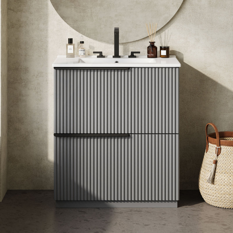 Meuble-lavabo autoportant de 30 po avec lavabo en céramique et tiroirs à extension complète, Gris