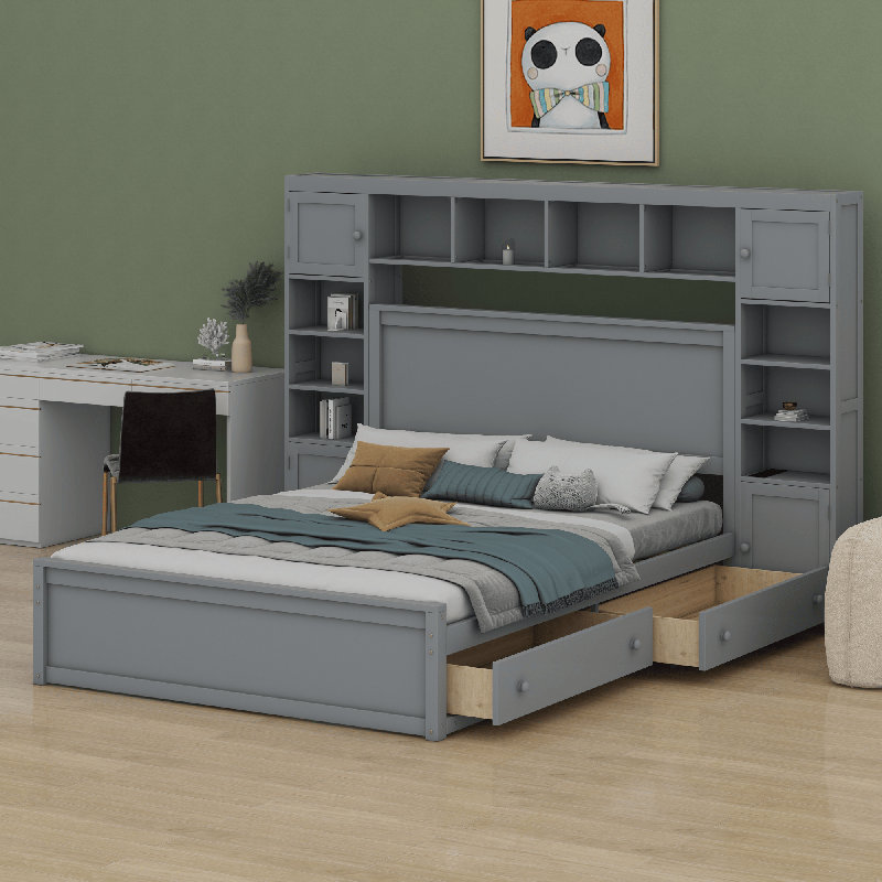 Lit en bois avec armoire, Gris