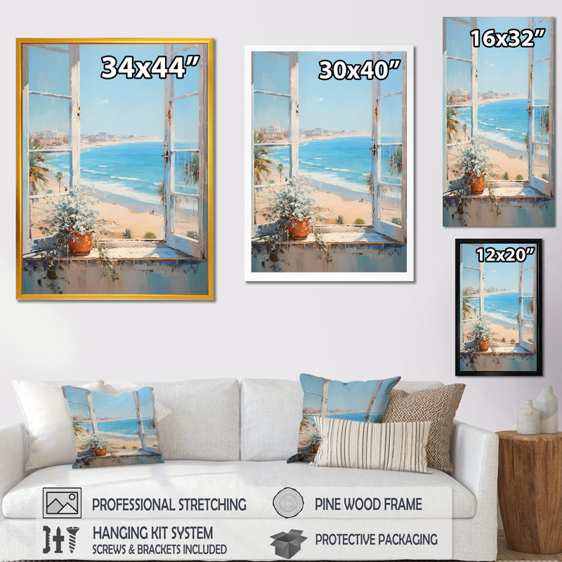 «California Shoreline Window View III - Coastal Windows», art mural, Cadre flottant blanc, H 44 po x l 34 po