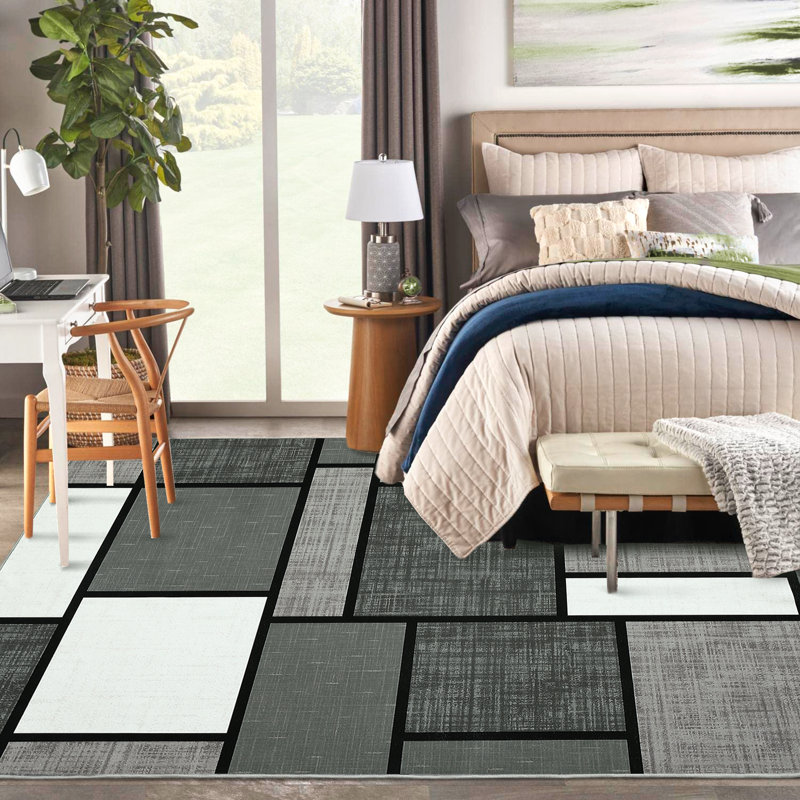 Tapis gris délavé à motif géométrique moderne et lavable, Rectangle 9 pi x 12 pi