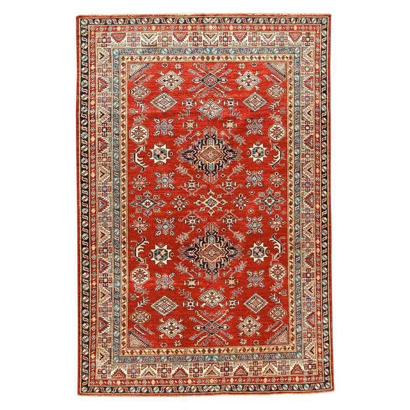 Tapis rouge / bleu / beige en laine noué à la main de conception unique 5 pi 11 po x 8 pi 10 po