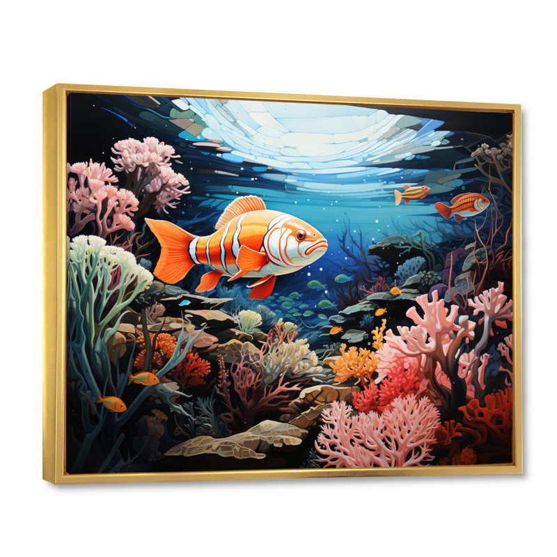 Underwater Coral Reef Profondeurs V sur toile, Cadre flottant doré, H 30 po x l 40 po x P 1,5 po