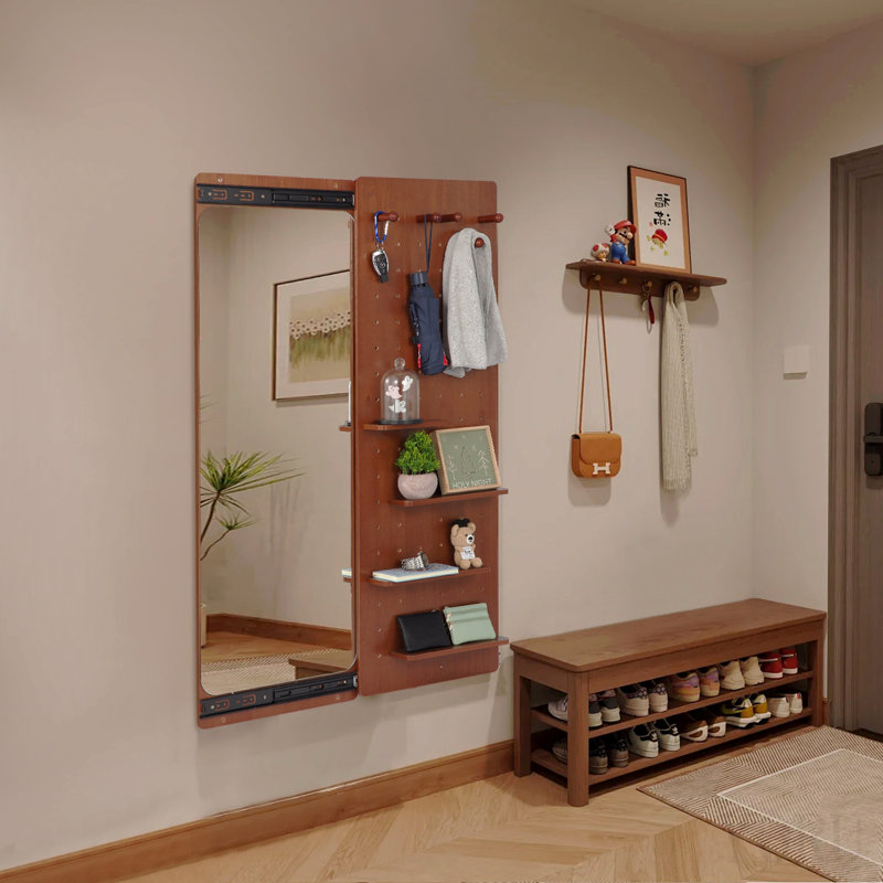 Miroir mural pleine grandeur avec tablette et crochet, conception multifonctionnelle pour les chambres à coucher, les salons et les entrées au fini noyer