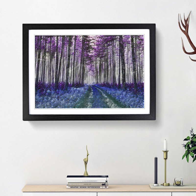 Path Through a Purple Forest in Abstract - Picture Frame Graphic Art Print, 48cm H x 65cm W x 2cm D, Black Framed