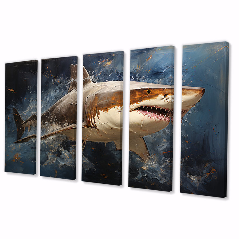Underwater Shark Attack I - Shark 5 Piece Wall Art Canvas, 28" H x 60" W