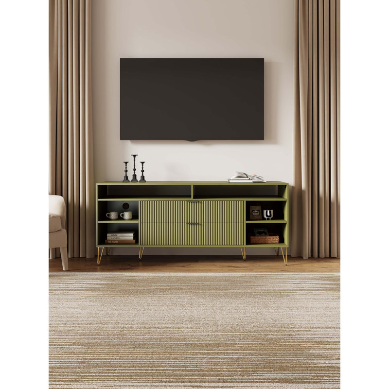 DUMBO 63" Mid-Century Modern TV Stand with 6 Shelves and 2 Drawers, Olive Green
