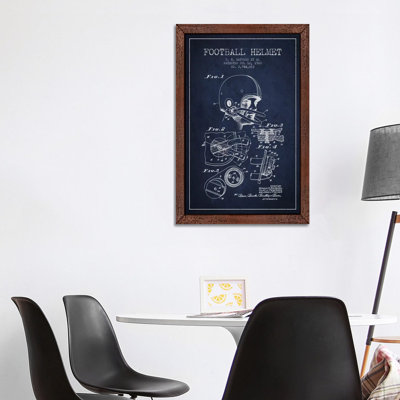 Football Helmet Navy Blue Patent Blueprint by Aged Pixel - Floater Frame Print on Canvas