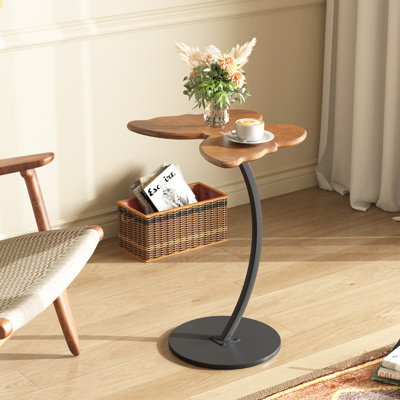 Butterfly End Table, Solid Pine Wood Side Table With Black Metal C-shaped Base, Rustic Accent Table For Living Room Bedroom, Walnut Finish, Easy Assembly