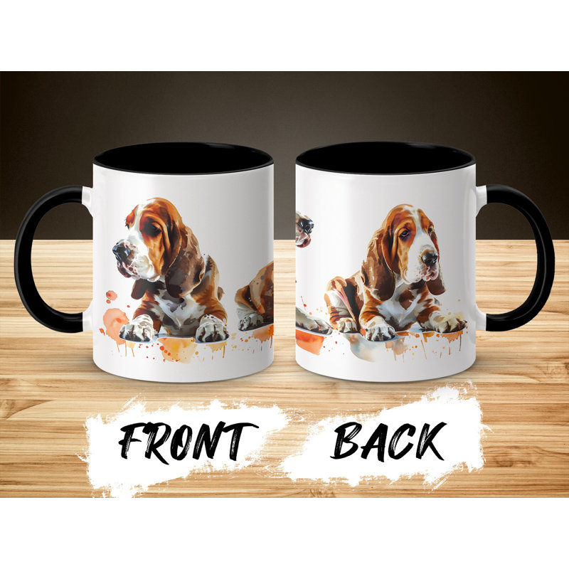 11oz Watercolour Basset Hound Design Coffee Mug, 2, Black
