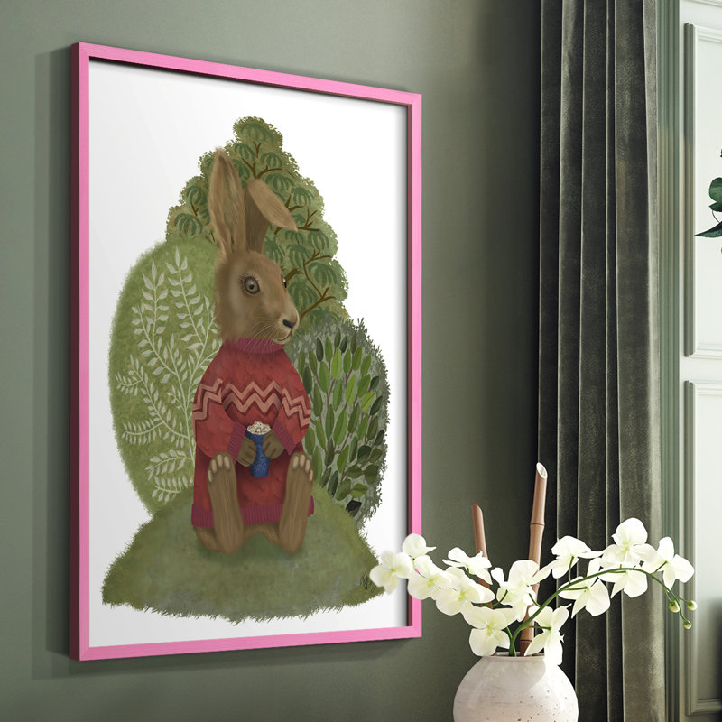 Lapin latte dans un chandail, reproduction encadrée - bois massif, Rose, H 10 po x l 8 po