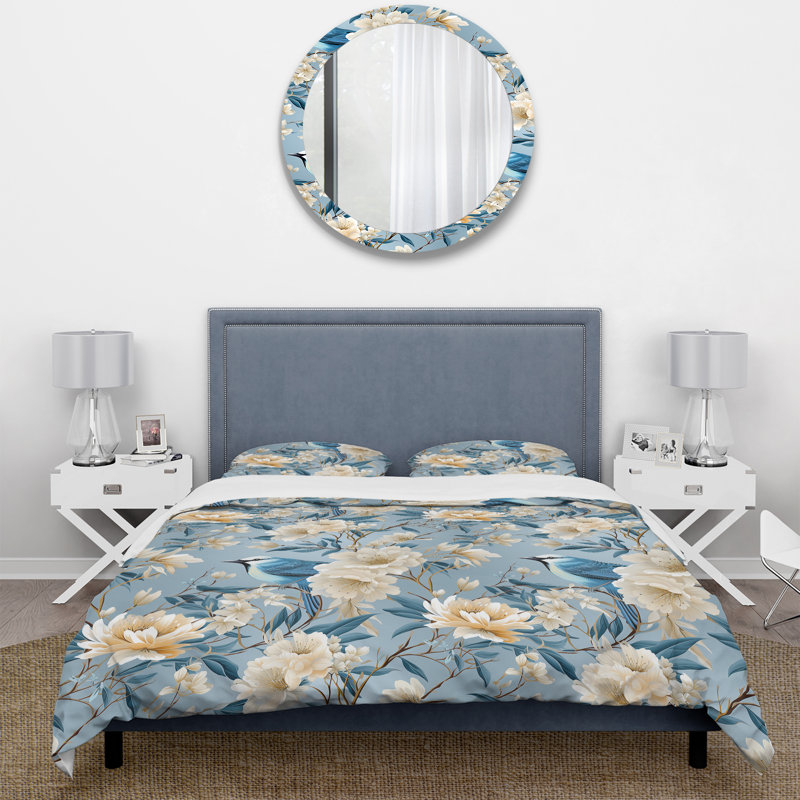 Serenade florale blanche et bleue - ensemble de housse de couette floral - microfibre de polyester
