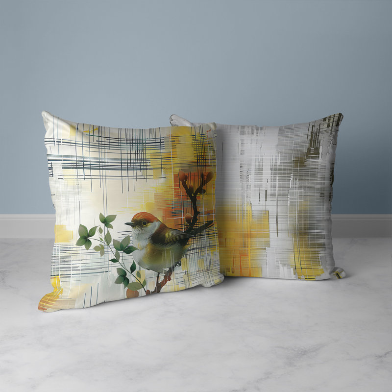 Coussin décoratif oiseau sur une branche, Vert / Jaune, H 20 po x l 20 po
