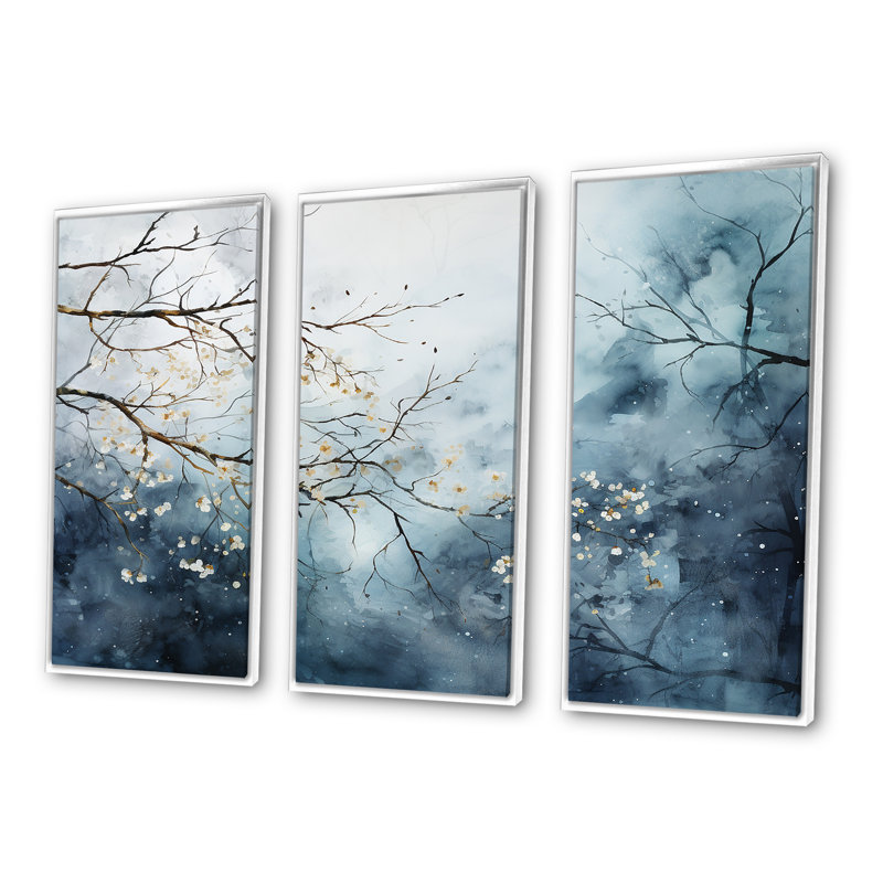 «Winter Tree Minimal Landscape II - Snow», ensemble d'art mural, Cadre flottant blanc, H 32 po x l 48 po x P 1 po