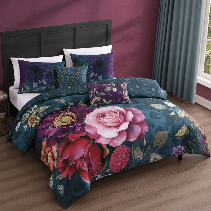 Ensemble d'édredon réversible 100% satin de coton Bebejan Vibrant Flora 5 pièces