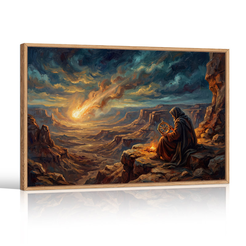Personnage encapuchonné avec boussole observant une météorite au-dessus de l'Halloween - Toile murale, 36"H x 48"W