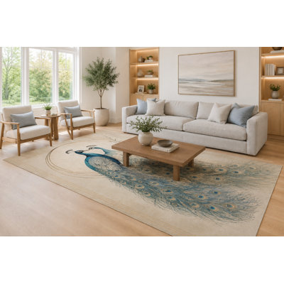 Tapis « ultra-léger » de 200 cm x 300 cm, couleur turquoise et ivoire, à motifs de plumes de paon, idéal pour le salon. Moquette douce à poils courts avec envers antidérapant en silicone. Convient également à la chambre, à la salle à manger et au bureau.