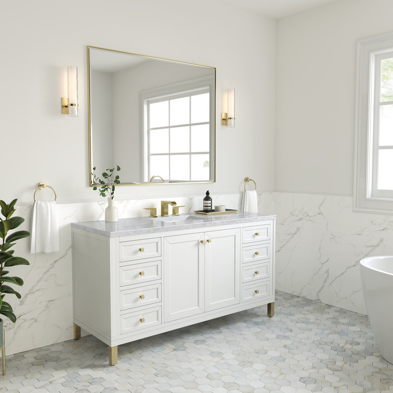 Chicago 60'' W Double Vanity, 8" Widespread, Glossy White, Carrara White