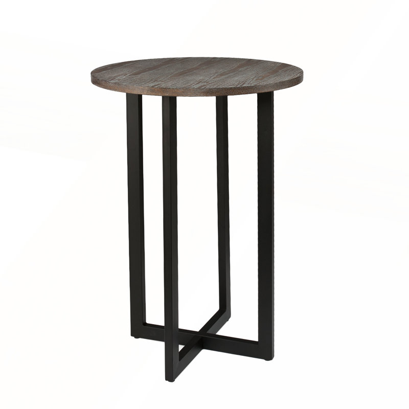 Table bistro avec plateau en chêne brûlé et base en métal noir pour petits espaces et utilisation multifonctionnelle