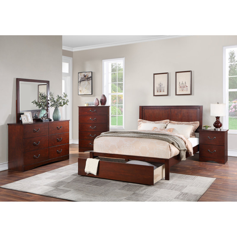 Commode 1 pièce en pin, fini cerisier classique moderne, 6 tiroirs de rangement