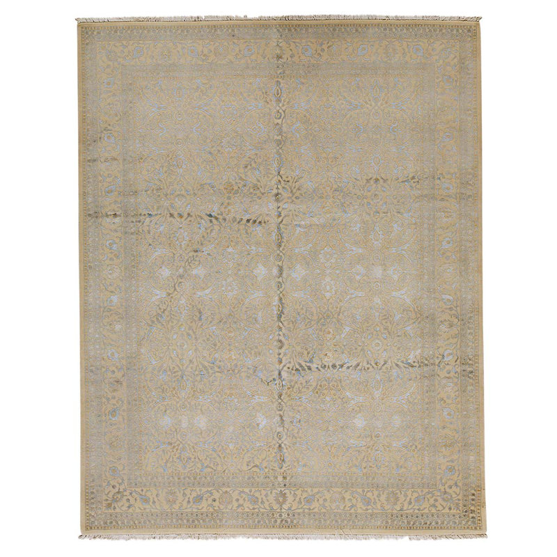 Tapis beige en viscose noué à la main de conception unique 8 pi 1 po x 9 pi 11 po