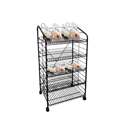Présentoir de boulangerie avec roulettes, 5 tablettes réglables et 2 porte-enseignes - noir